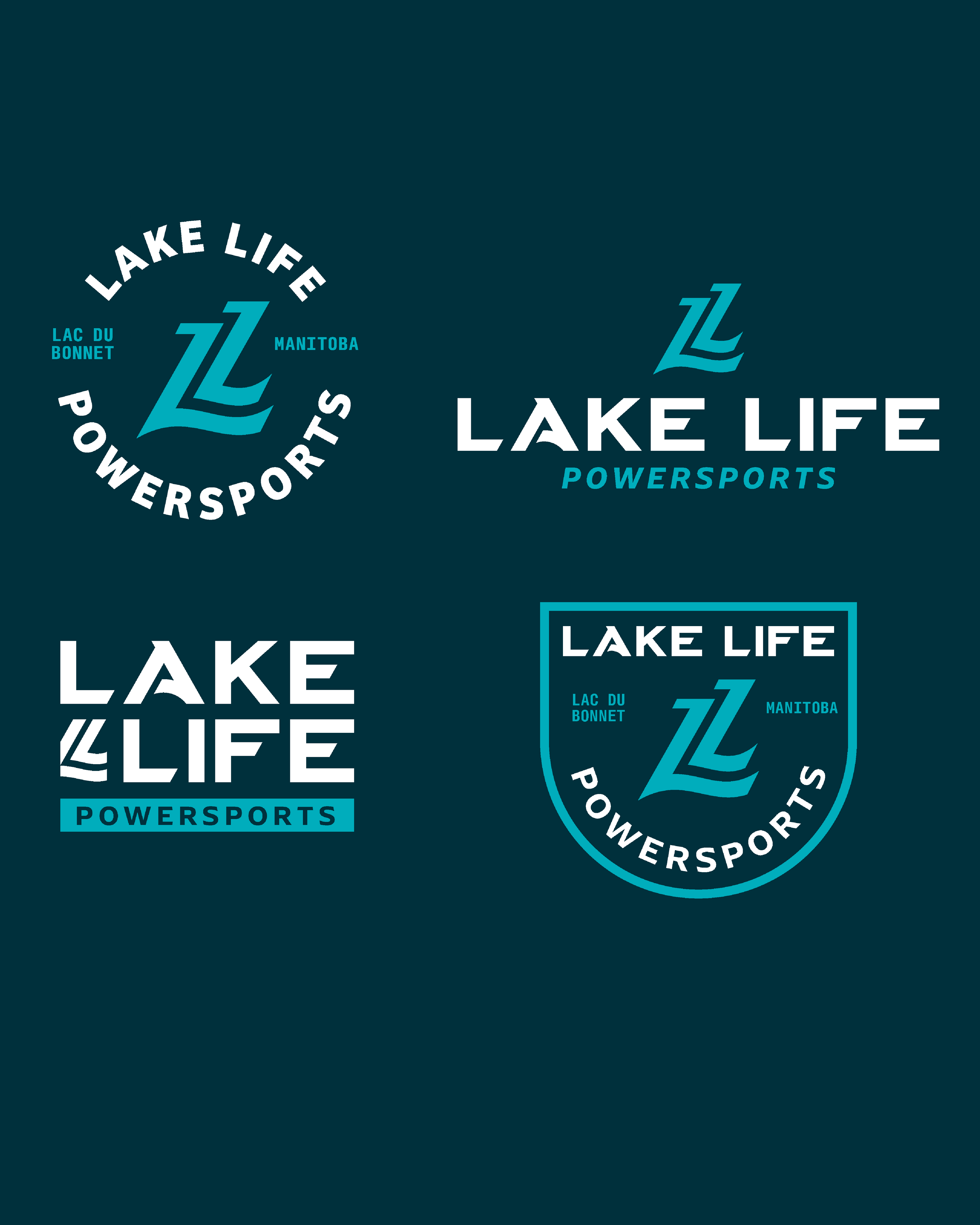 Custom logo design set for Lake Life Powersports by Rogue Lab, featuring modern typography, wave-inspired graphics, and multiple brand mark variations in teal and white.