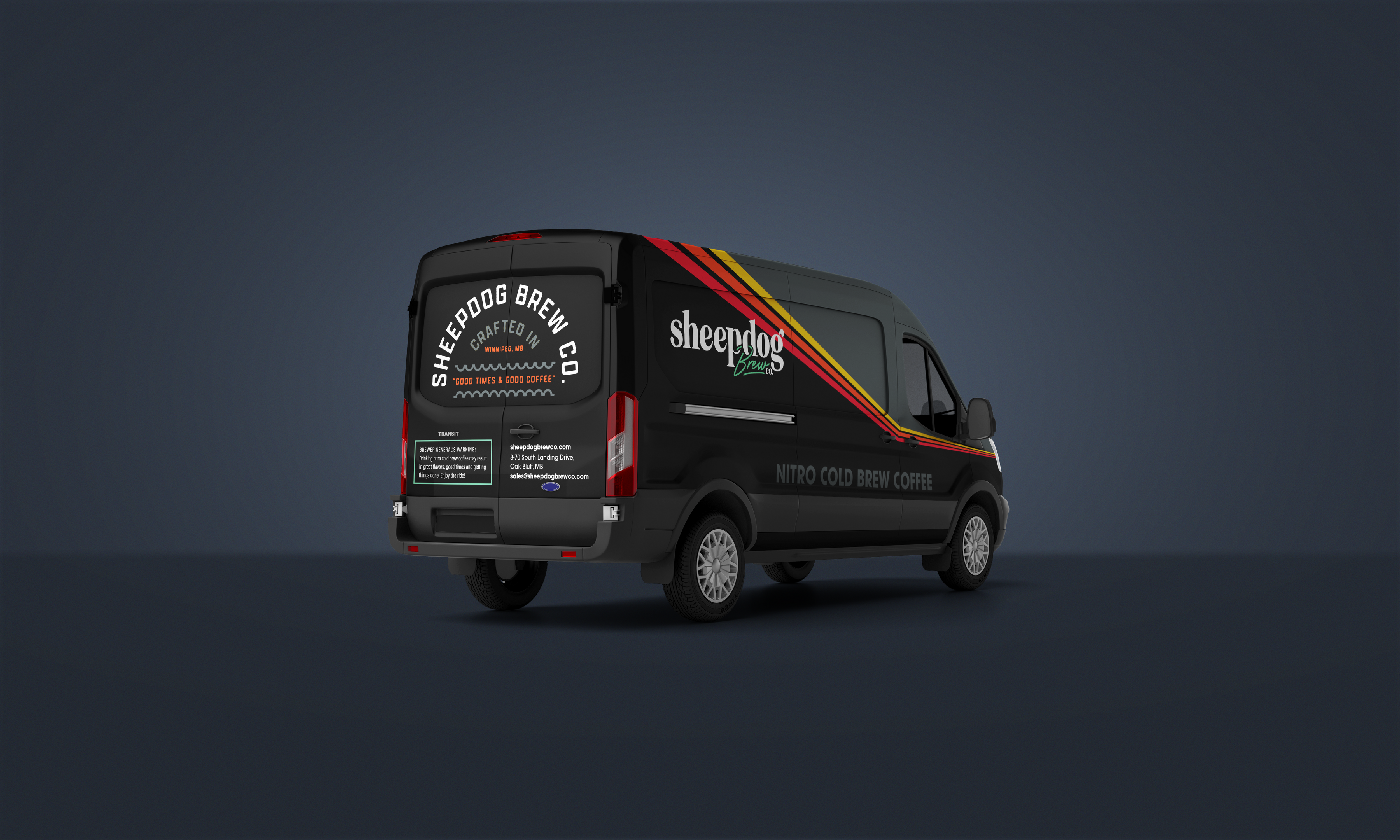 Sheepdog Brew Co. branded delivery van with black exterior, bold red, yellow, and green stripes, and logo promoting nitro cold brew coffee, parked on a dark background