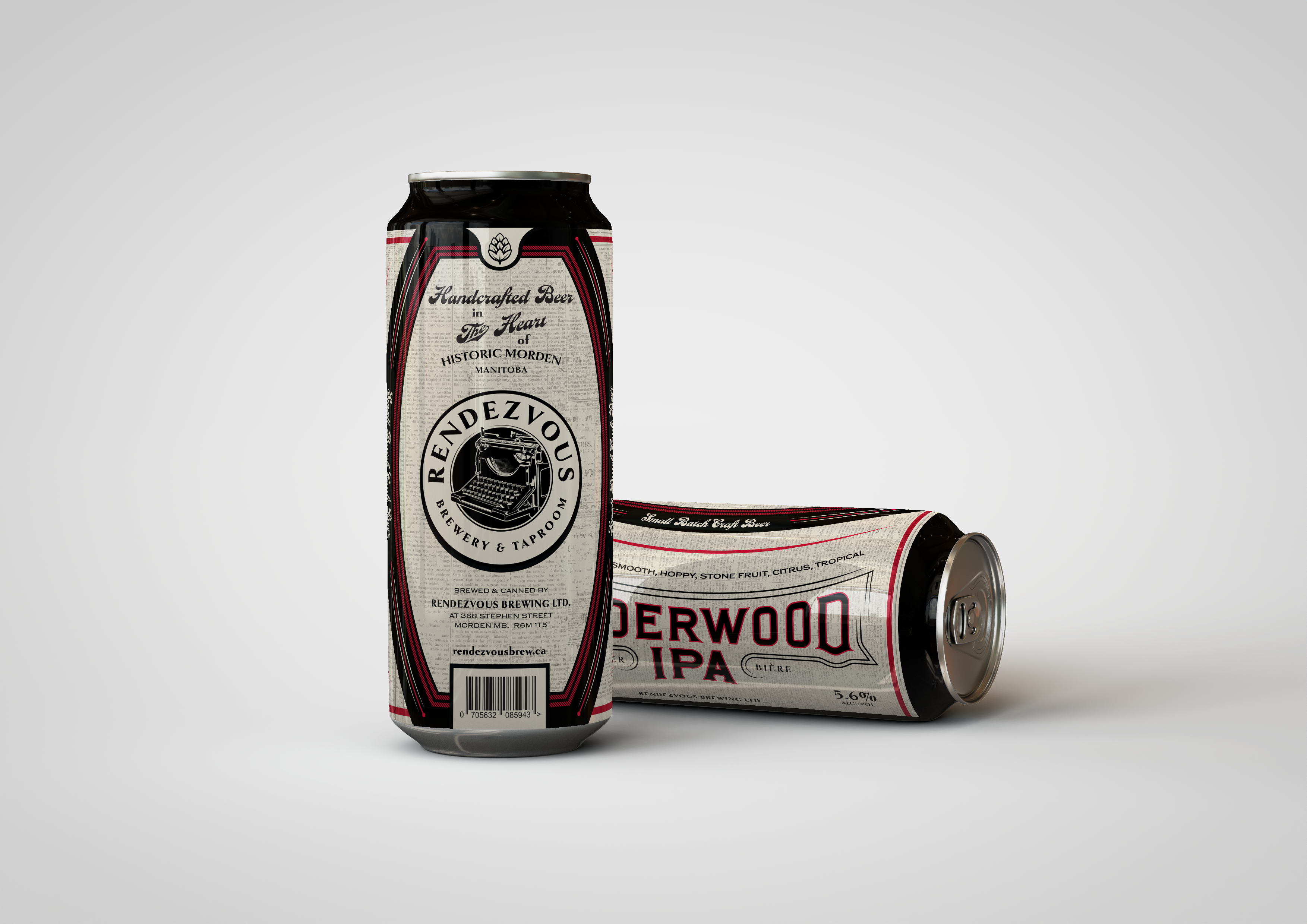 Underwood IPA craft beer by Rendezvous Brewery in Morden, Manitoba, 5.6% ABV, small batch handcrafted IPA with stone fruit and citrus notes, shown in a three-can pack mockup