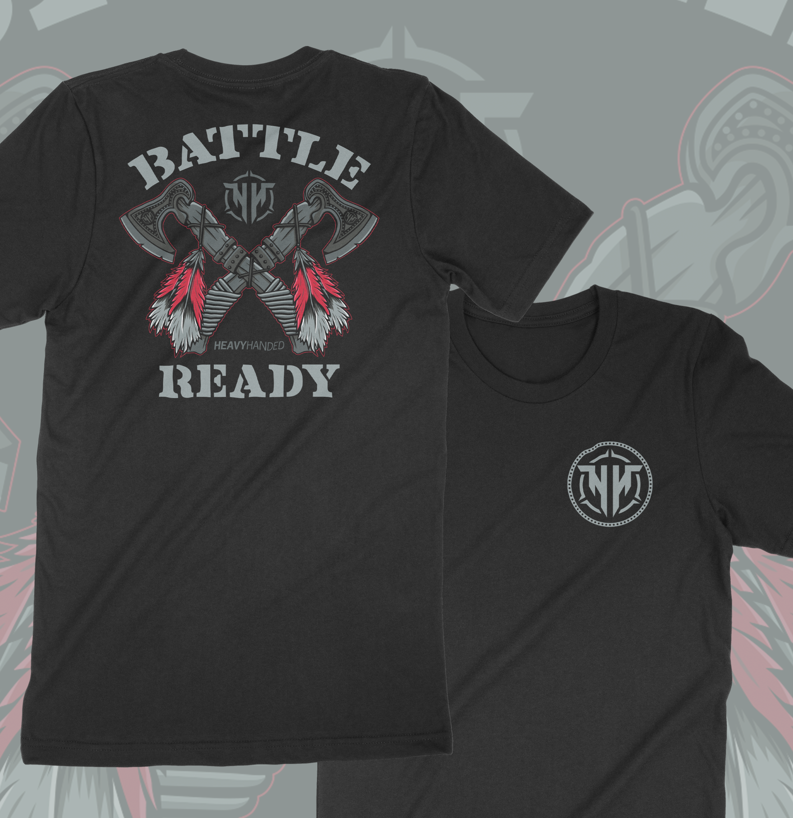 Battle Ready black t-shirt by HeavyHanded, featuring crossed Viking axes with red and white feather details on the back and circular logo on the chest, displayed on a grey background
