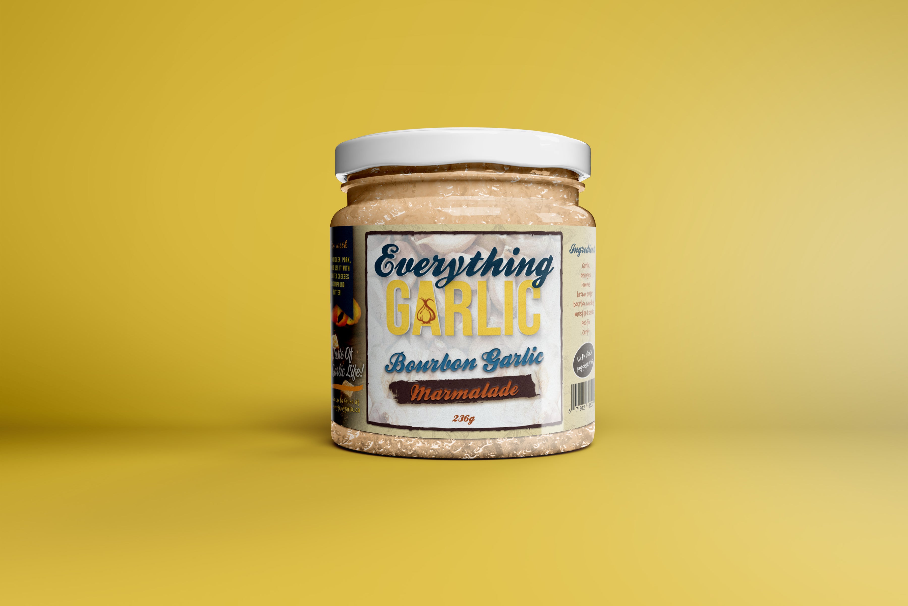 Custom product label design for Everything Garlic Bourbon Garlic Marmalade jar, created by Rogue Lab.
