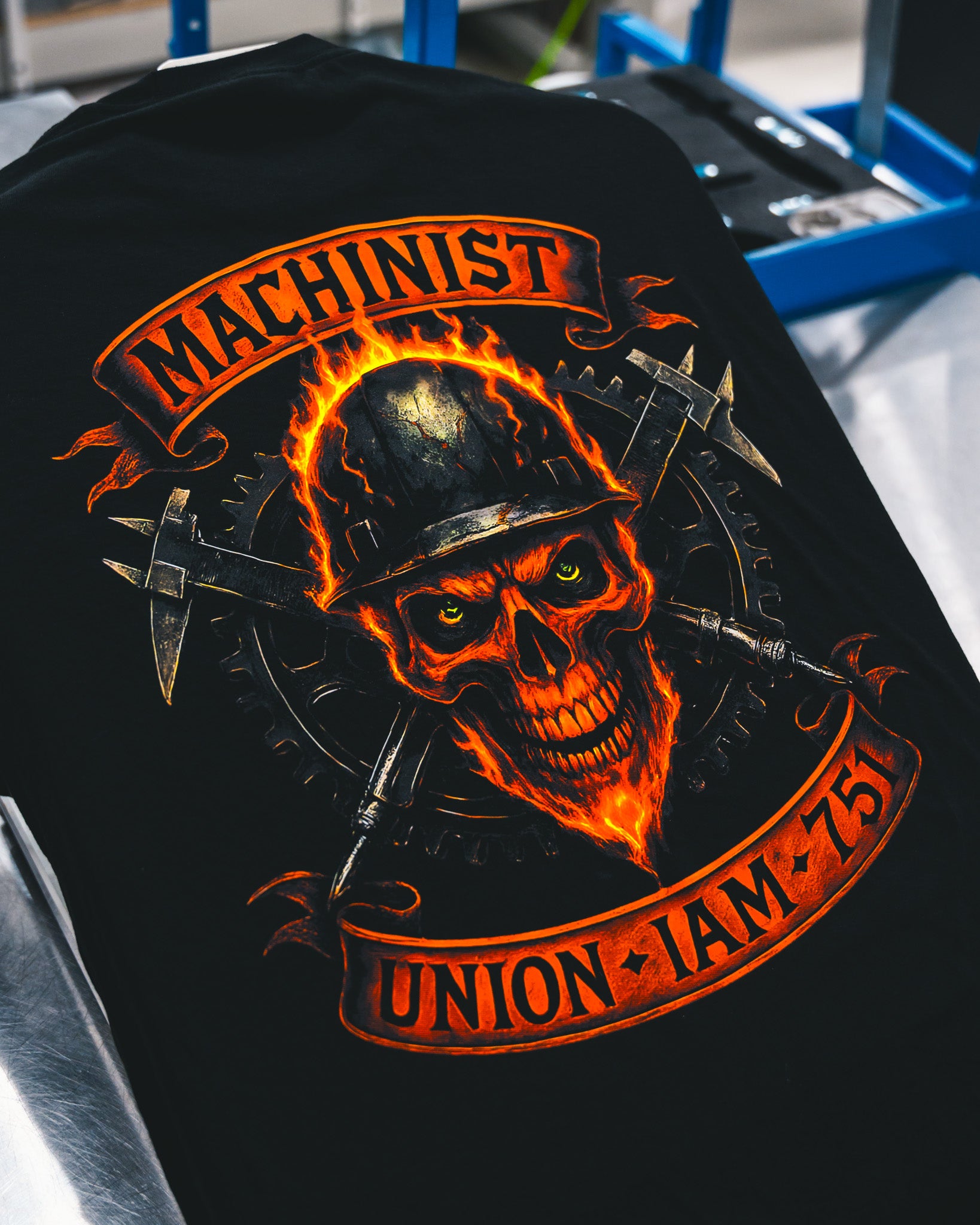 High detail custom DTF printed t-shirt with flaming skull Machinist Union IAM 751 design, made in Winnipeg Manitoba Canada by Rogue Lab
