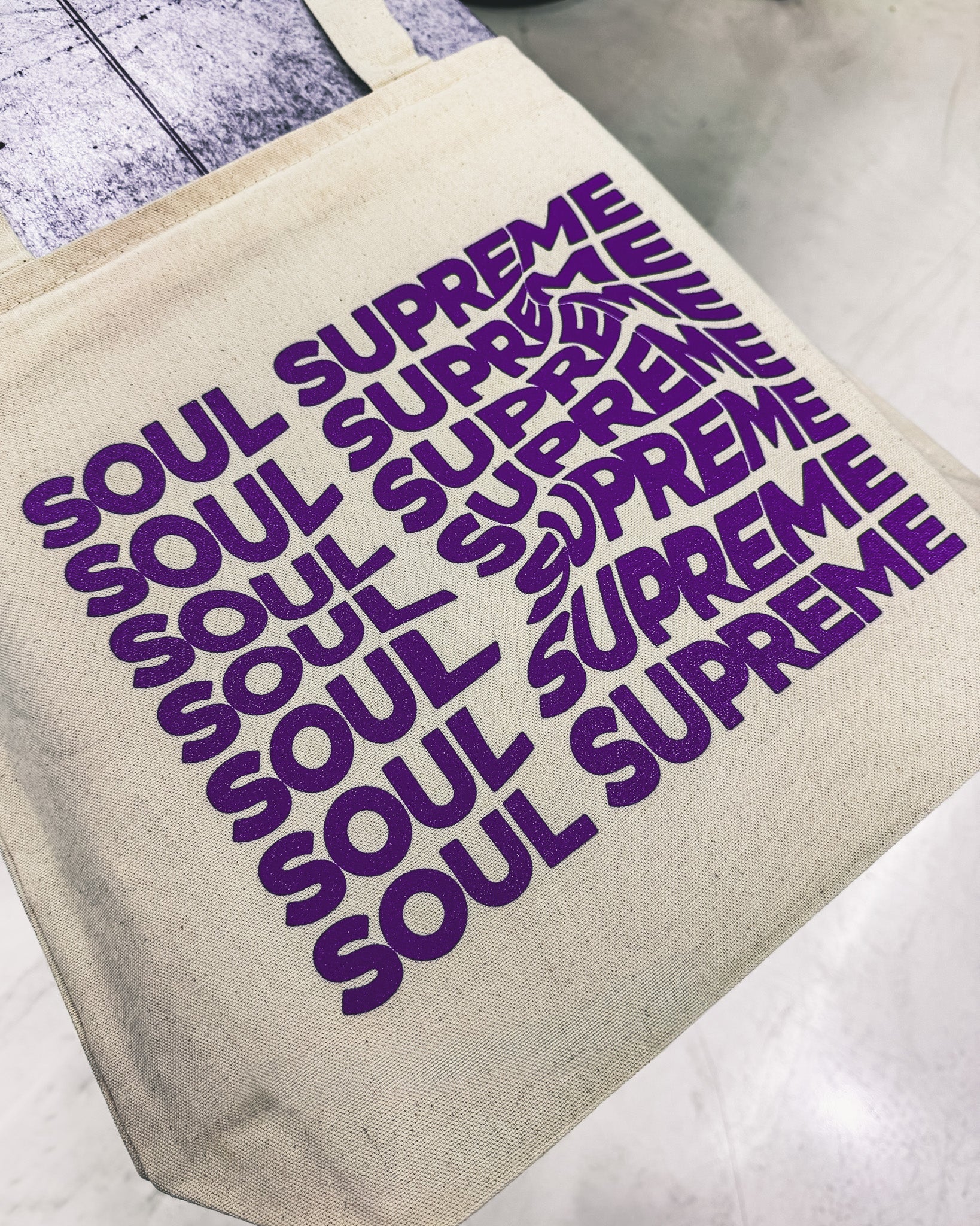 Custom screen printed canvas tote bag with purple “Soul Supreme” design by Rogue Lab in Winnipeg, Manitoba